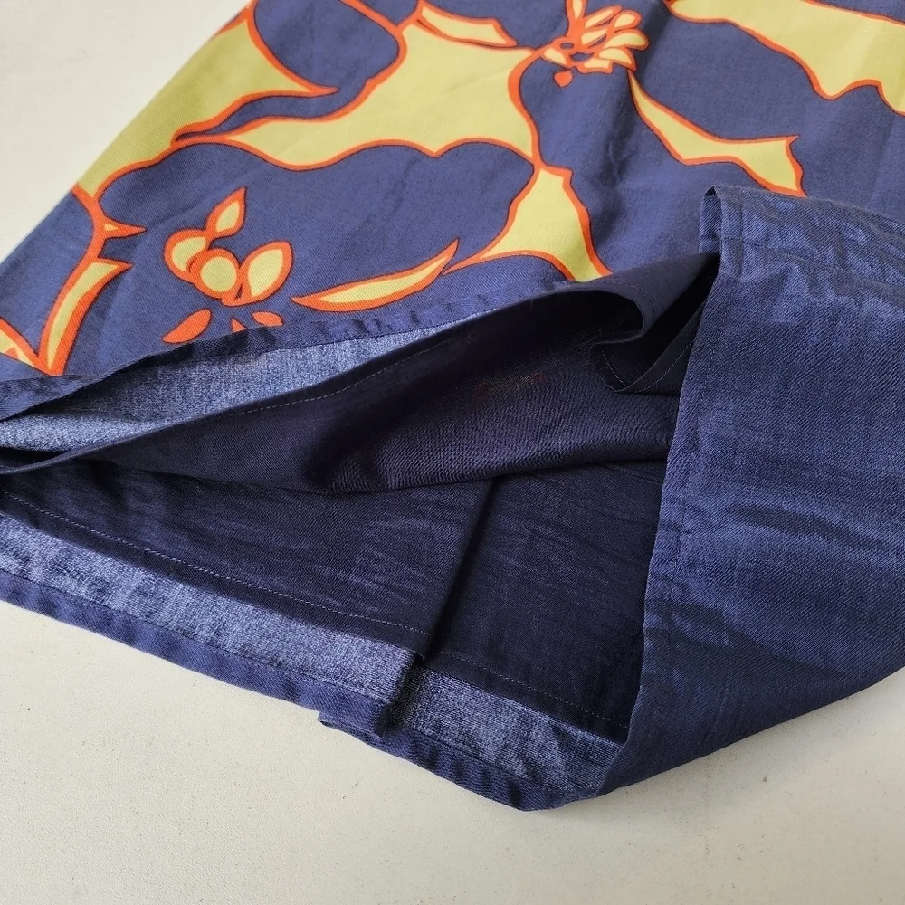 Ann Taylor LOFT Floral Knee Length Dress Navy Blue Green Orange 3/4 Sleeve 0P